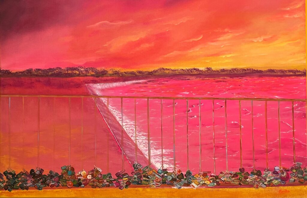 Photo of "This Is Love" painting of the sunset over the Savannah Rapids Pavilion.
