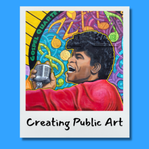 A very colorful mural of james brown painted by Cole Phial. the illustration of james is singing into a 50s style microphone infront of a music note backdrop.