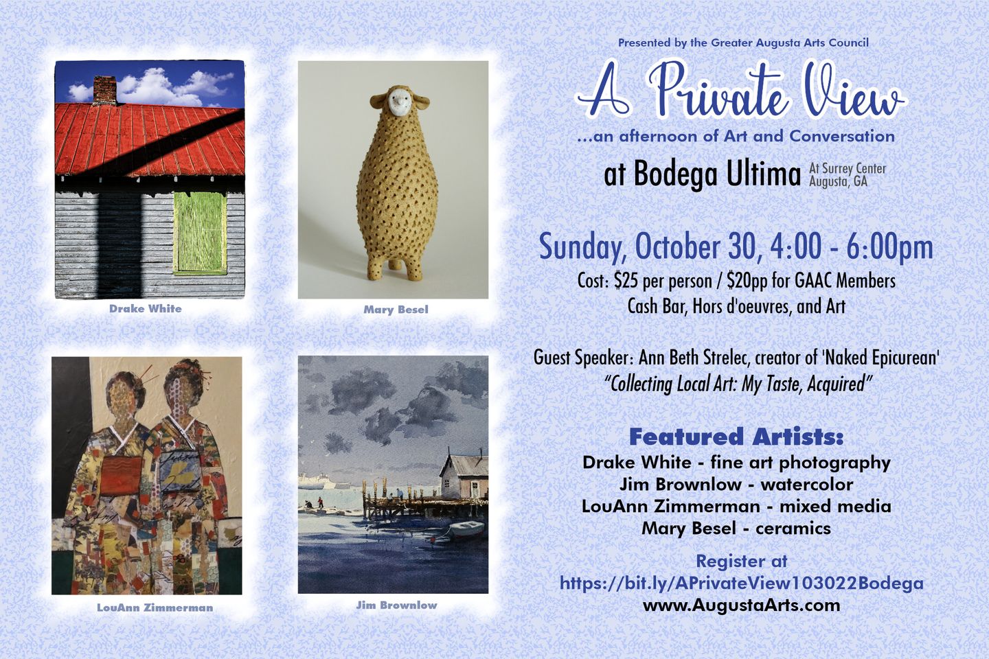 e-flyer for a private view featuring photos of artists work : Drake White, photo of an old barn with a bright red roof and green plywood covered window. Mary Besel, ceramic creature that resembles a llama. LouAnn Zimmerman, mixed media collage of two women wearing traditional Japanese kimonos. Jim Brownlow, oil painting of a dock in icy, cold waters, with dark blue clouds looming over two sailors returning on a dingy.