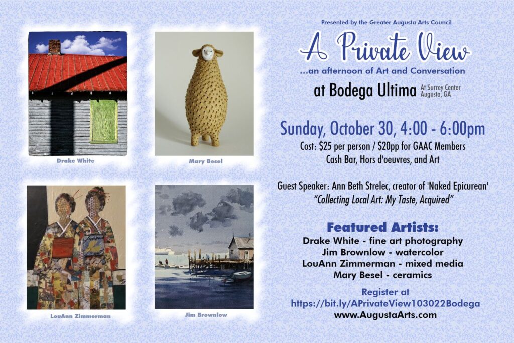 e-flyer for A private view on a washed, light blue background with 4 images of artworks from Drake White (photo of red roofed old barn), Mary Besel (ceramic sculpture of a fuzzy llama type creature), LouAnn Zimmerman (mixed media portrait of two women wearing traditional Japanese kimonos) and Jim Brownlow (oil painting of a dock, frozen over, with two sailors in a dingy boat in the distance escaping a wintery storm)