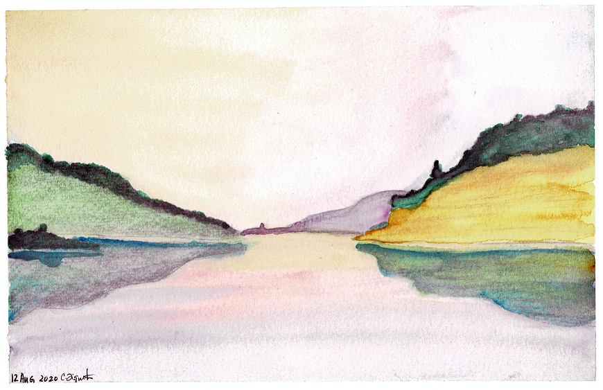 A watercolor landscape portrait of with green and yellow islands with water reflecting a purple and pink sunset.