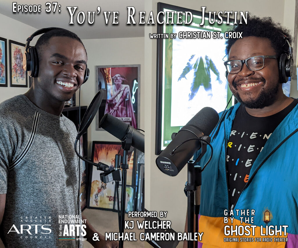 Two african american voice actors wearing headphones and standing in front of microphones. Both are smiling. The man on the left is wearing a gray tshirt and has buzzed hair. The man on the right is wearing glasses, has a trimmed beard and a short hair style. He is wearing a "friends" t-shirt uder a blue and yellow wind breaker jacket.