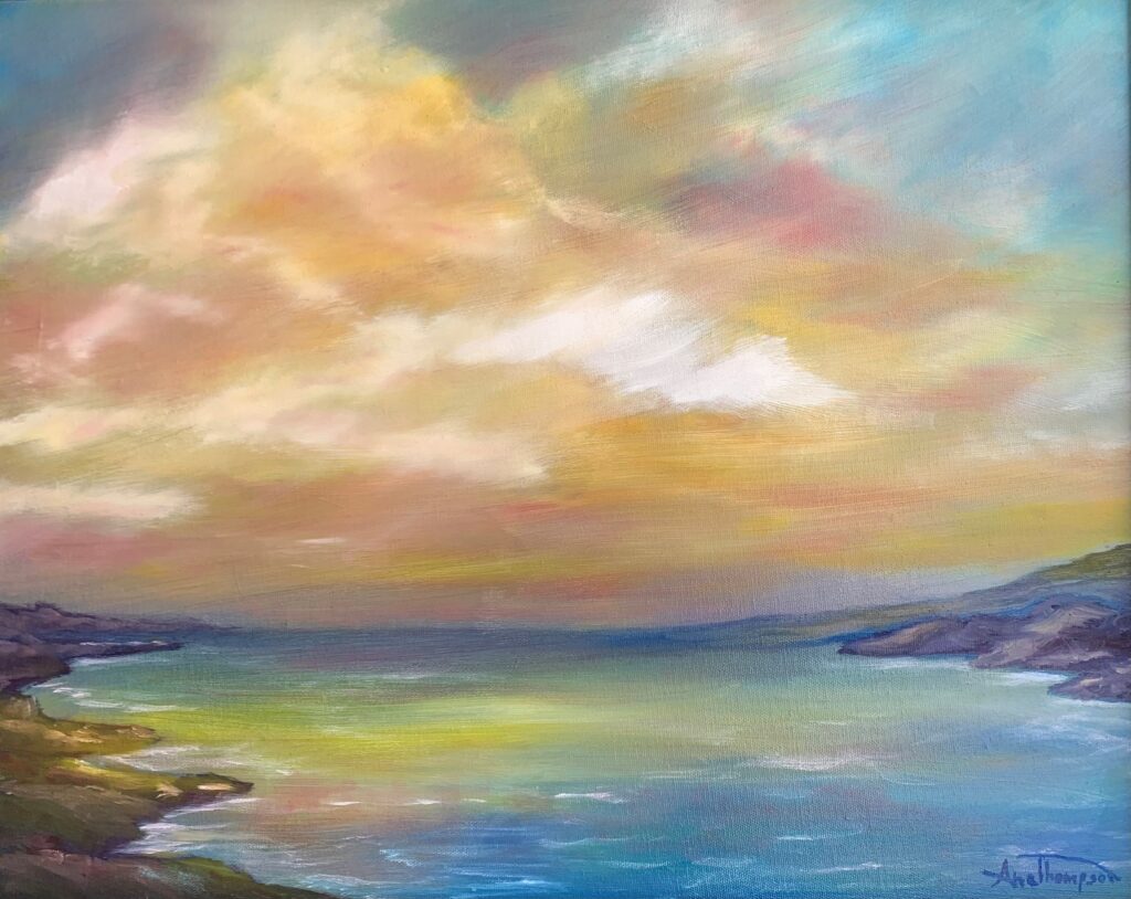 Oil painting of a sunrise over an ocean inlet. The sky is warm with clouds shaded with pinks and yellows. The ocean is reflecting the clouds with a light array of waves as the tide roles in.