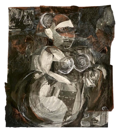 Leslie Hamrick's Painting, "The Nest". It is a collaged artwork that uses photographs, charcoal, ink and paper. It is a muted, black, white and brown abstracted, figurative study. It appears to be a nude woman with her arms crossed on an almost black background. The collage has lots of visual texture.