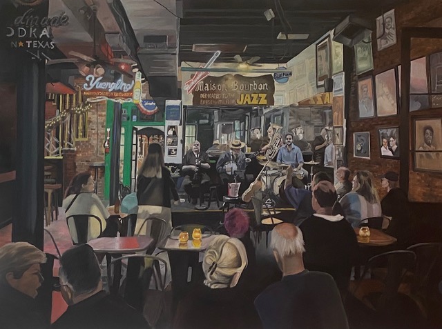 A painted scene of a jazz club with people sitting at tables with drinks. In the background, a jazz band including a trombonist and tuba player are playing. A sign says "JAZZ" in bright yellow.