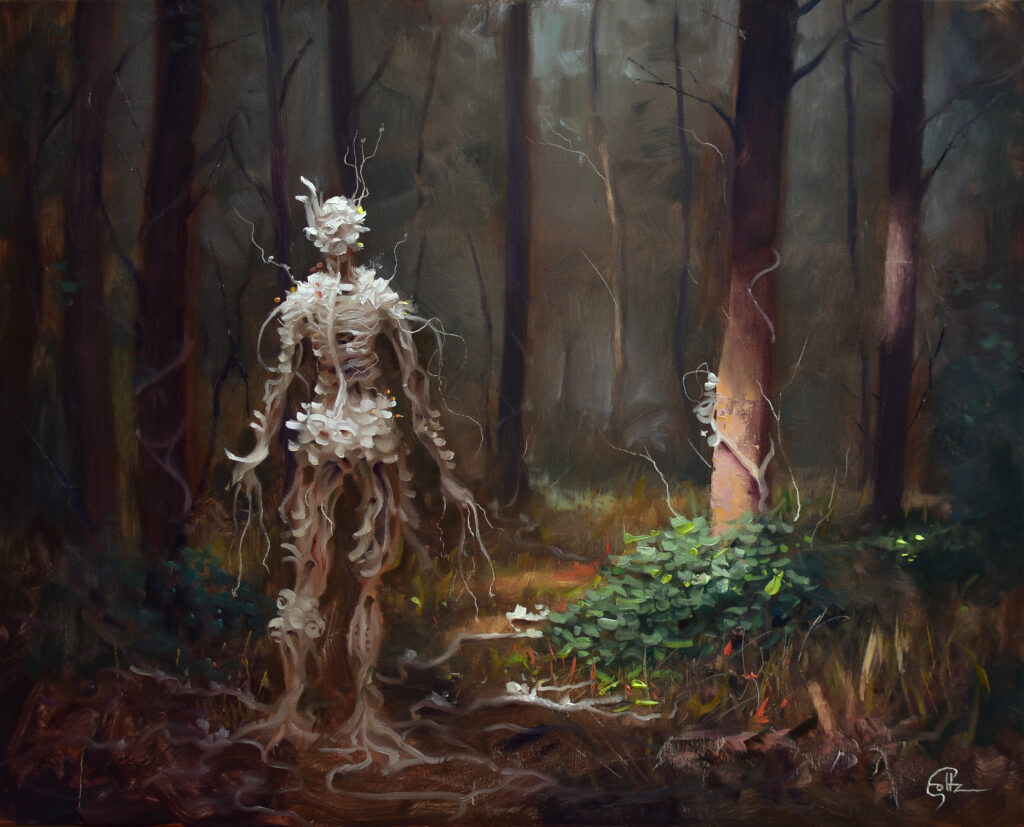 Painting of a mushroom in a humanoid form walking through the woods.