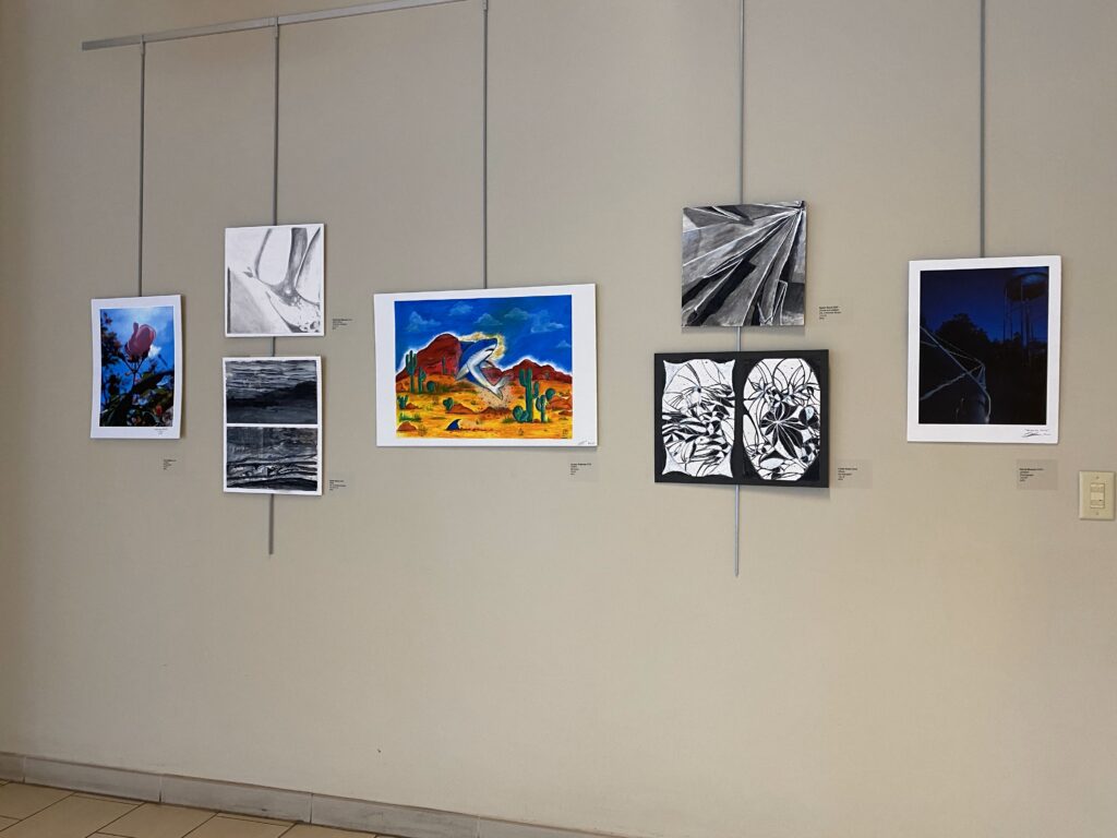 Photo of gray gallery wall with 7 artworks.