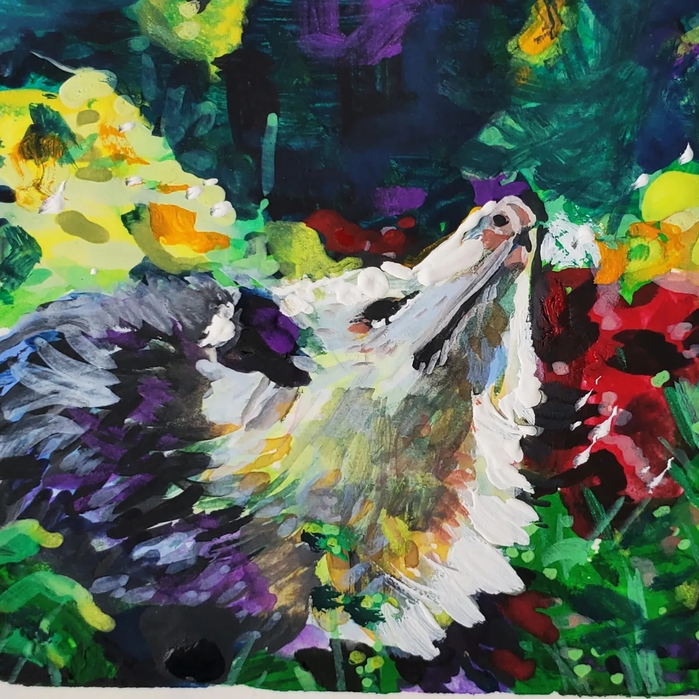 colorful painting of an opossum in a garden
