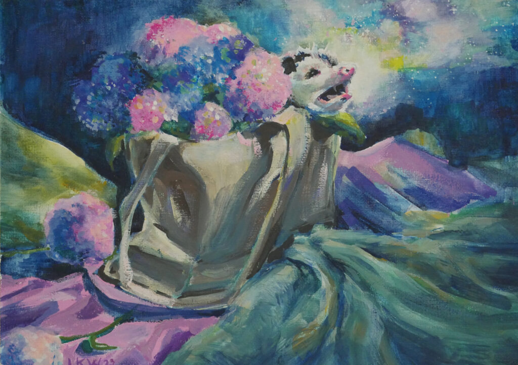 Painting by Lexi Kay White of an opossum in a bouquet of flowers on top of a linen covered table.