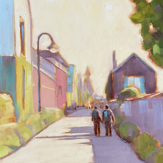 Painitng of two people walking down a street by June Klement