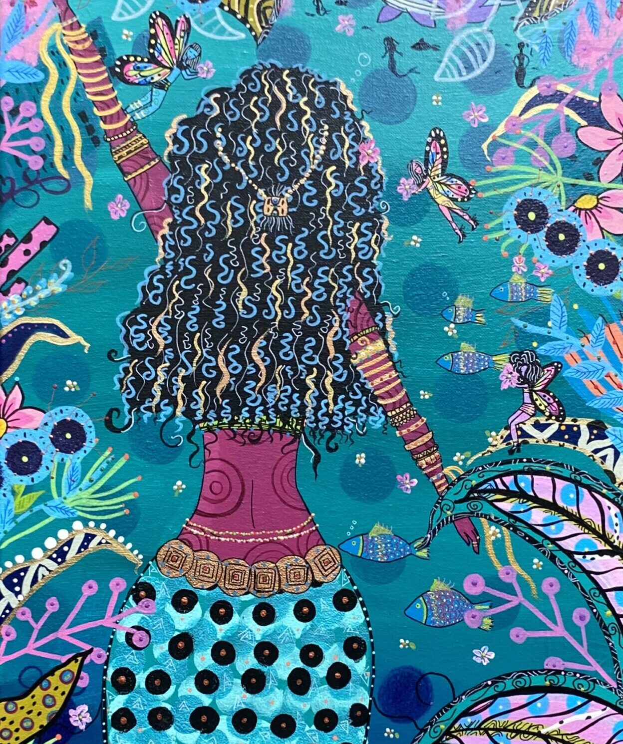 Painting of an African-American mermaid surrounded by a blue sea and pink, blue, and golden leaves and flowers