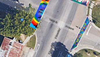 Mock up of cross walk murals over map of east boundry and telfair streets