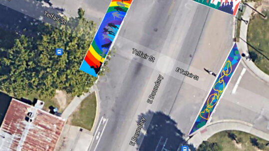 Mock up of cross walk murals over map of east boundry and telfair streets