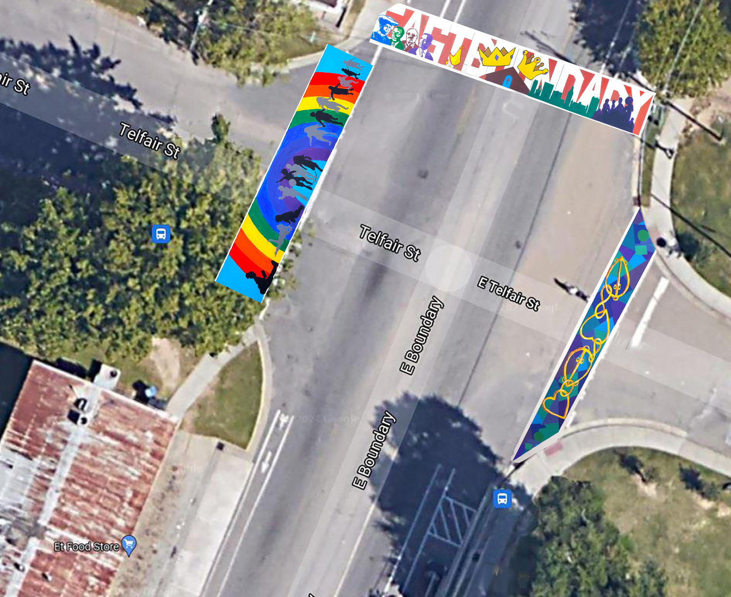 Mock up of cross walk murals over map of east boundry and telfair streets
