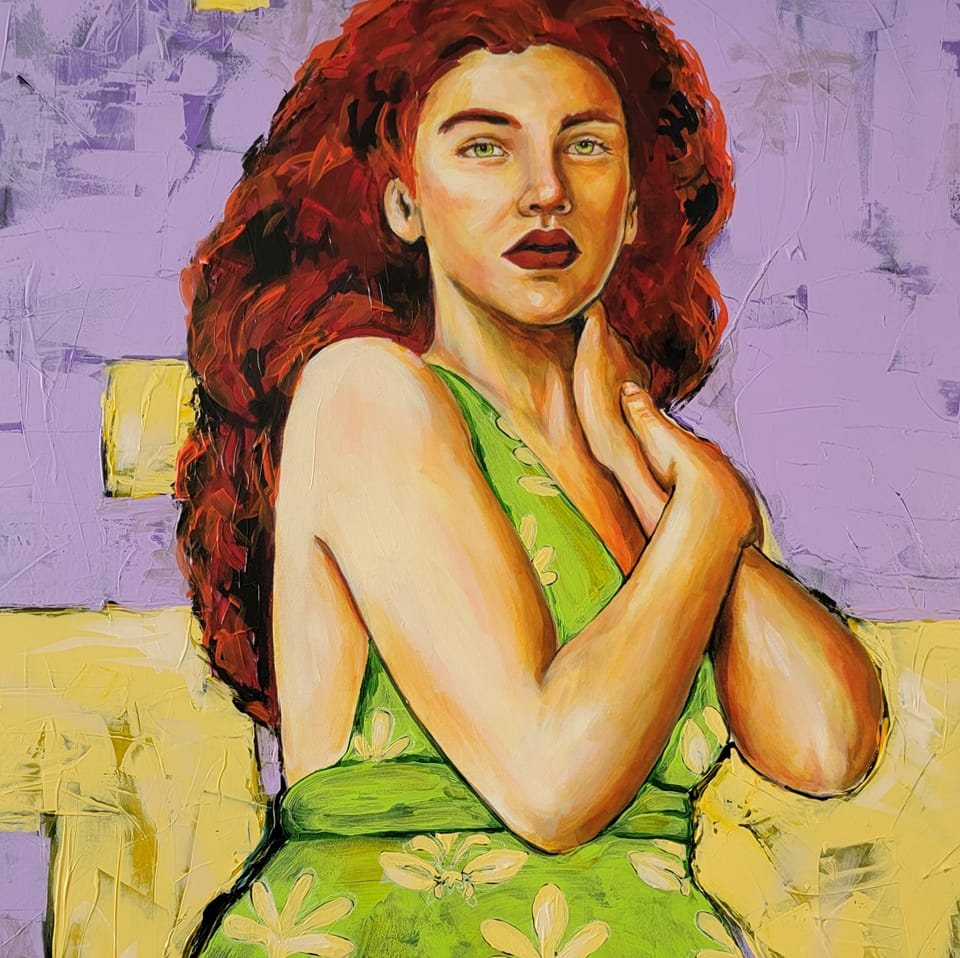Painting of a white woman with red hair wearing a green dress