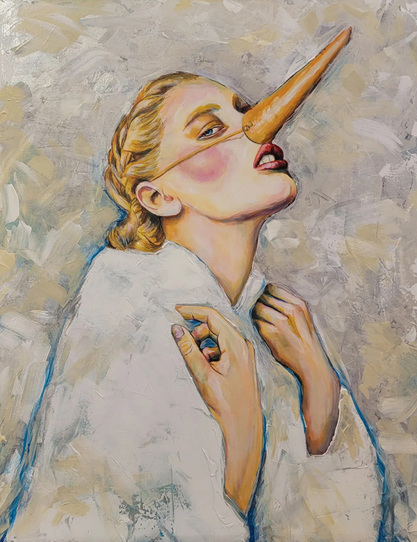 Portrait of a woman with blond hair. She is wearing a white robe and a beak.