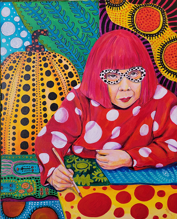 Painted portrait of Yayoi Kusama. She is a older japanese woman with a short, red bob, black and white spotted glasses and a red polka dot dress.
