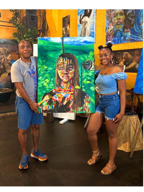 An man and woman standing next to a large artwork. Both African American. The artwork is a portrait of a woman.