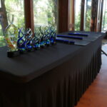colorful awards on a table.
