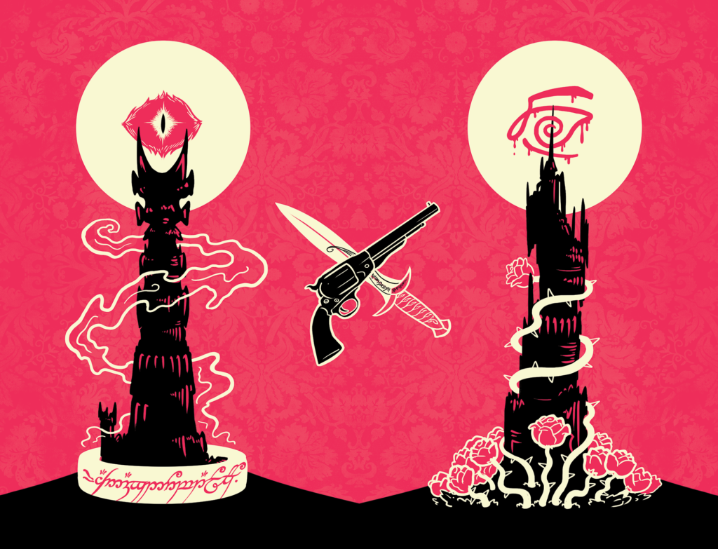 A graphic design digital artwork depicting Sauron's Tower from lord of the rings and the Dark Tower from the Dark Tower series.