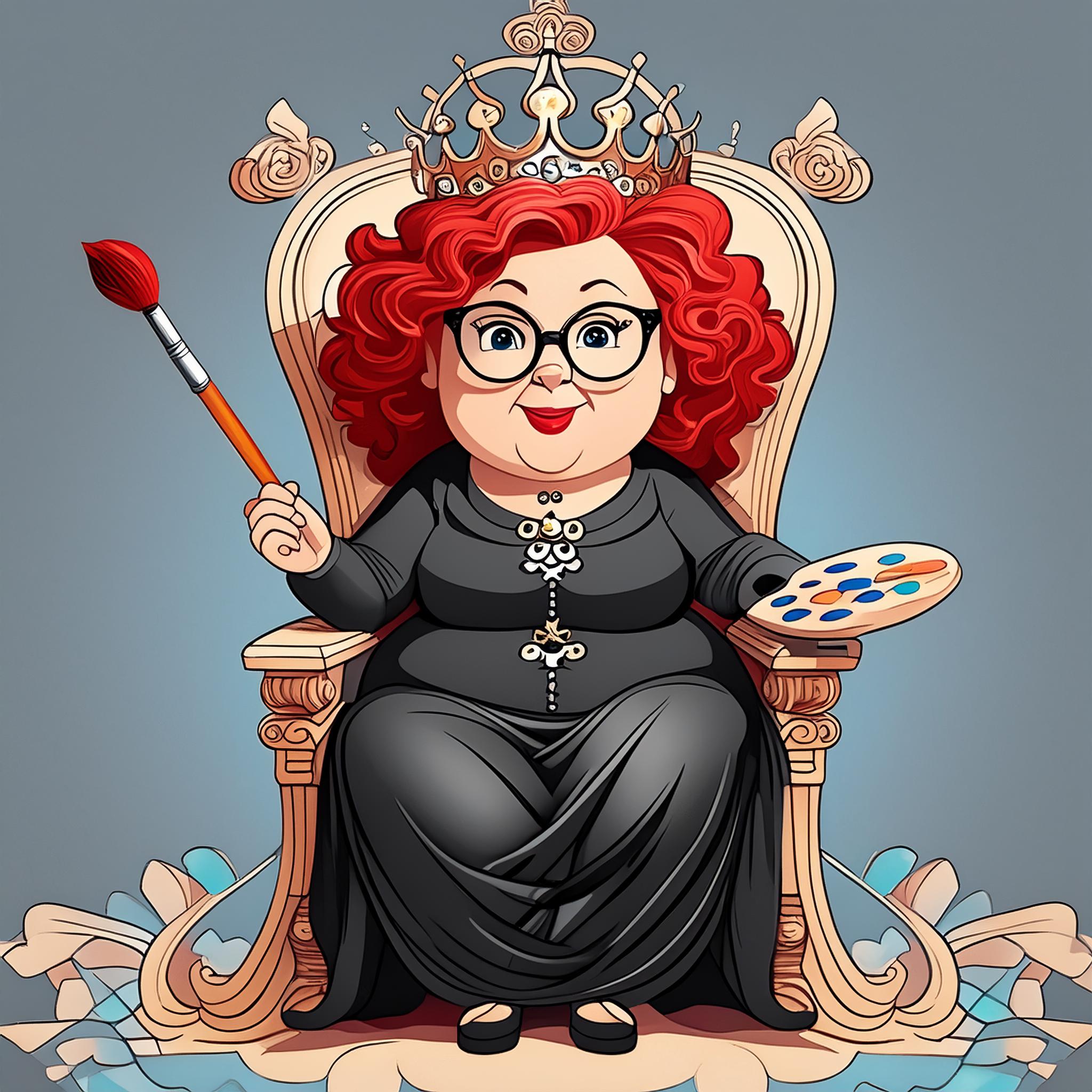 A cartoon of a red headed woman in a black dress sitting on a crown holding a paint brush and pallet.