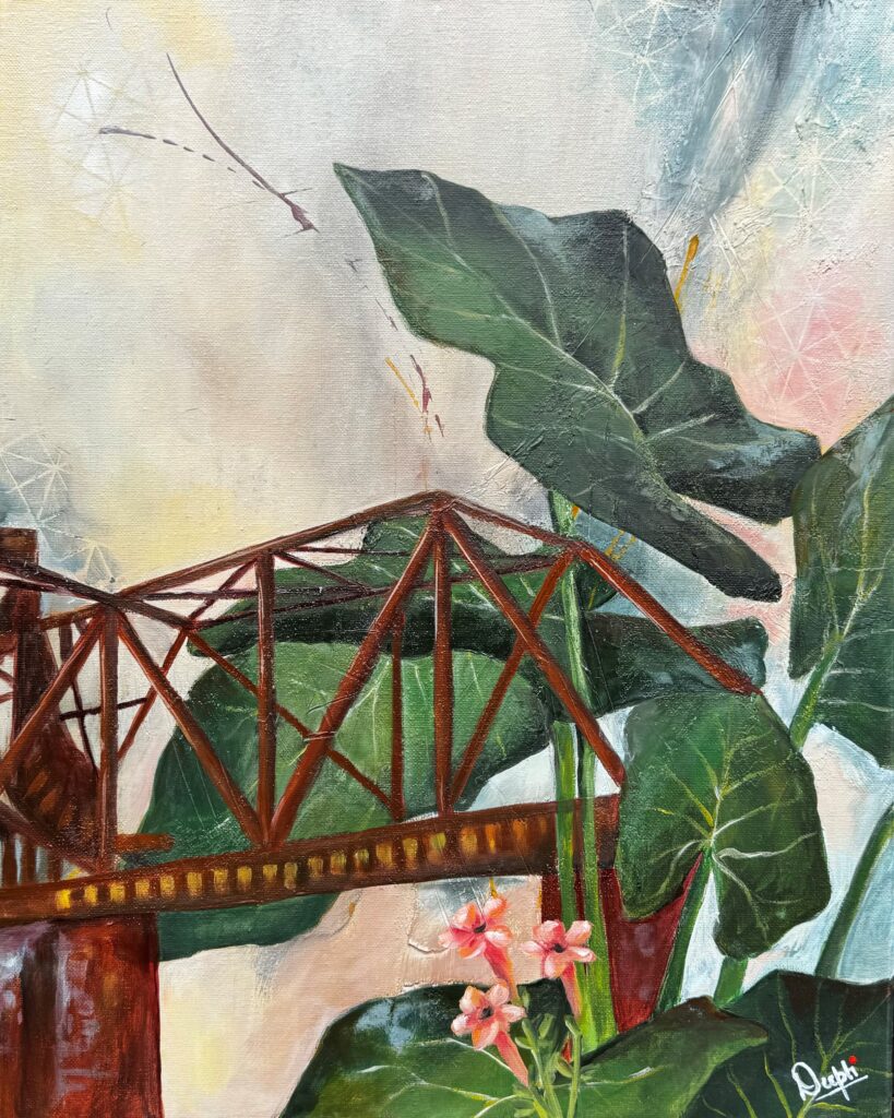 a red bridge with large monstera plant leaves