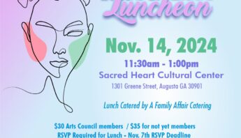 Arts Day Luncheon Flyer with blue and purple background. There is the outline of a woman's face wearing a flower crown as a graphic design image. The Flyer reads "Arts Day Luncheon, presented by the Greater Augusta Arts Council. November 14, 2024 11:30 a.m. - 1:00 p.m. at Sacred Heart Cultural Center 1301 Greene St. Augusta, Ga 30901. Catered by Family Affair Catering. $30 for arts council members ,$35 for not-yet members. RSVP by November 7th. Info and Tickets at https://augustaarts.info/ArtsDayLuncheon2024 or Augustaarts.com