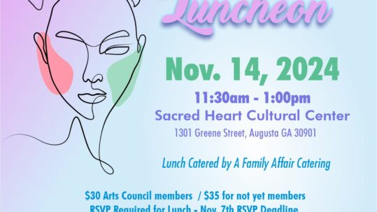 Arts Day Luncheon Flyer with blue and purple background. There is the outline of a woman's face wearing a flower crown as a graphic design image. The Flyer reads "Arts Day Luncheon, presented by the Greater Augusta Arts Council. November 14, 2024 11:30 a.m. - 1:00 p.m. at Sacred Heart Cultural Center 1301 Greene St. Augusta, Ga 30901. Catered by Family Affair Catering. $30 for arts council members ,$35 for not-yet members. RSVP by November 7th. Info and Tickets at https://augustaarts.info/ArtsDayLuncheon2024 or Augustaarts.com