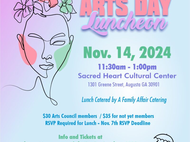 Arts Day Luncheon Flyer with blue and purple background. There is the outline of a woman's face wearing a flower crown as a graphic design image. The Flyer reads "Arts Day Luncheon, presented by the Greater Augusta Arts Council. November 14, 2024 11:30 a.m. - 1:00 p.m. at Sacred Heart Cultural Center 1301 Greene St. Augusta, Ga 30901. Catered by Family Affair Catering. $30 for arts council members ,$35 for not-yet members. RSVP by November 7th. Info and Tickets at https://augustaarts.info/ArtsDayLuncheon2024 or Augustaarts.com