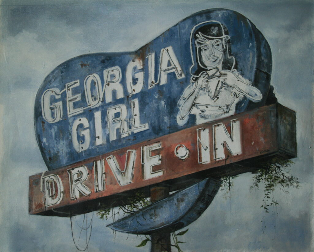 Painting of a store sign that reads "Georgia Girl Drive In." The sign looks old and beat up. It once had lights that no longer work. It has vines growing over it.