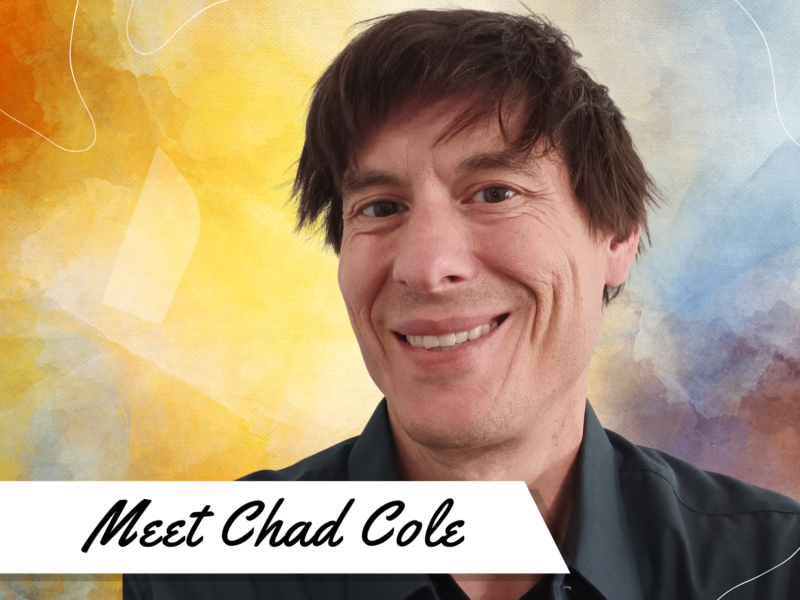 a graphic for "Meet Chad Cole" picturing Chad who is a Caucasian man with brown eyes and brown hair. He is wearing a dark grey dress shirt.