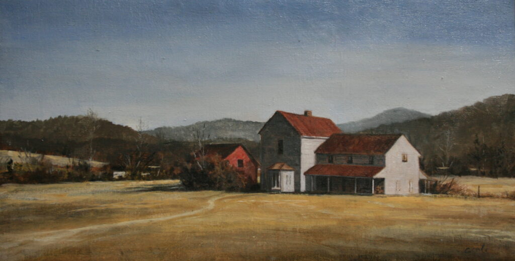 Painting of a large field with a red roofed, white farm house in the middle. There are mountains in the background.