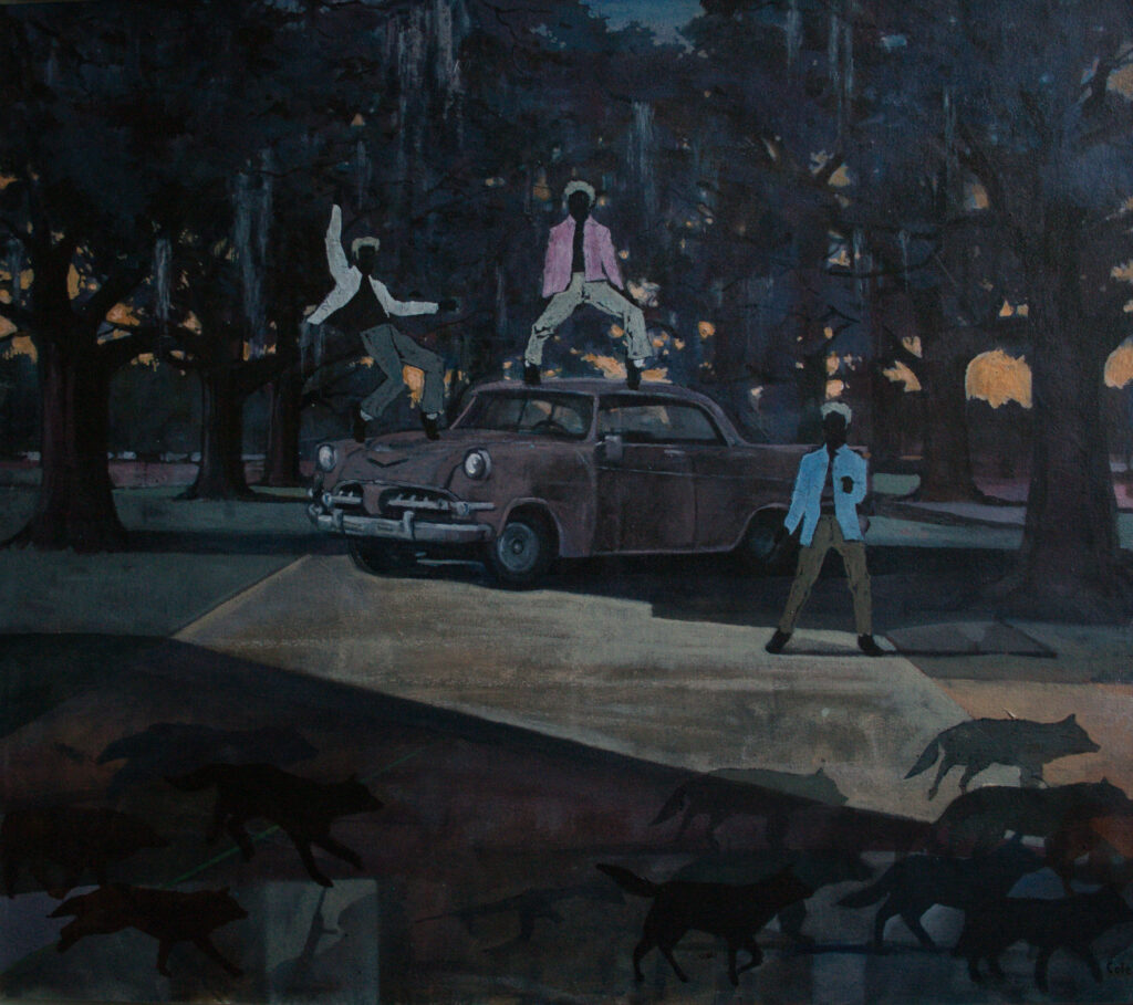 Painting of an 1950s style car parked in a wooded setting with men dancing on and around the vehicle.