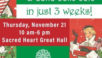 Sacred Heart Holiday Market & Guild Bake Sale Flyer. Red, green and white blocks with an illustrated blonde woman shopping. Thursday, November 21, 2025 from 10am - 6pm in Sacred Heart's Great Hall at 1301 Greene St. Augusta, GA 30901