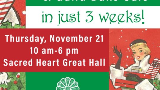 Sacred Heart Holiday Market & Guild Bake Sale Flyer. Red, green and white blocks with an illustrated blonde woman shopping. Thursday, November 21, 2025 from 10am - 6pm in Sacred Heart's Great Hall at 1301 Greene St. Augusta, GA 30901