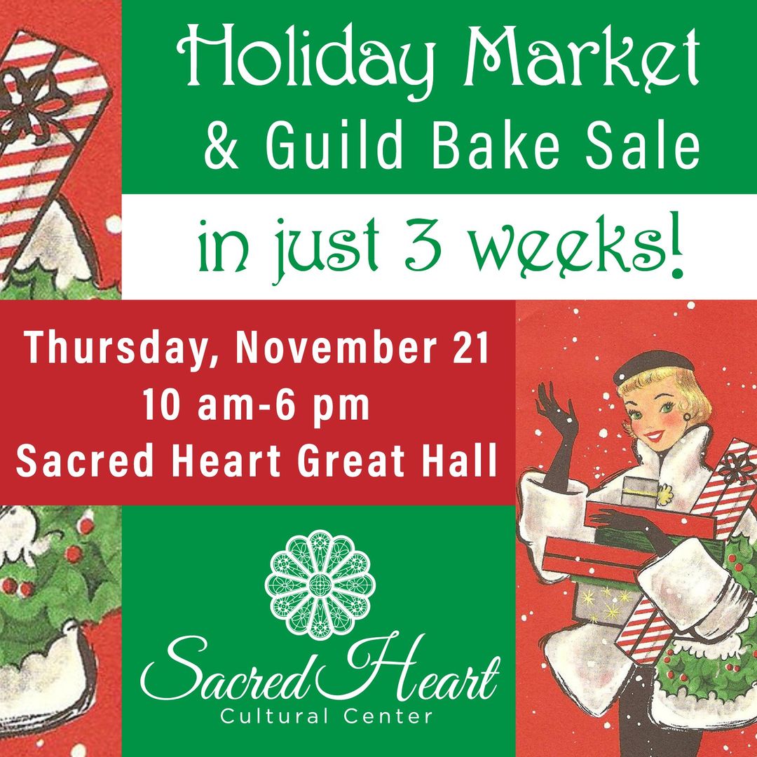 Sacred Heart Holiday Market & Guild Bake Sale Flyer. Red, green and white blocks with an illustrated blonde woman shopping. Thursday, November 21, 2025 from 10am - 6pm in Sacred Heart's Great Hall at 1301 Greene St. Augusta, GA 30901