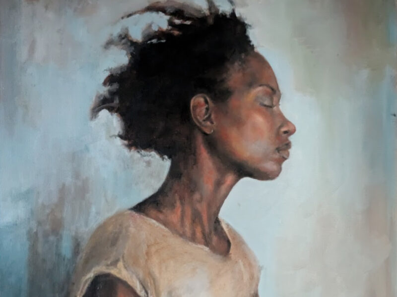 painting of a black woman in a beige shirt. her. She peacefully closes her eyes.