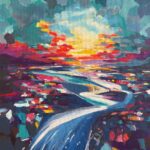 Colorful painting of river at sunset